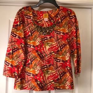 Ruby Road printed top, medium, jeweled neckline